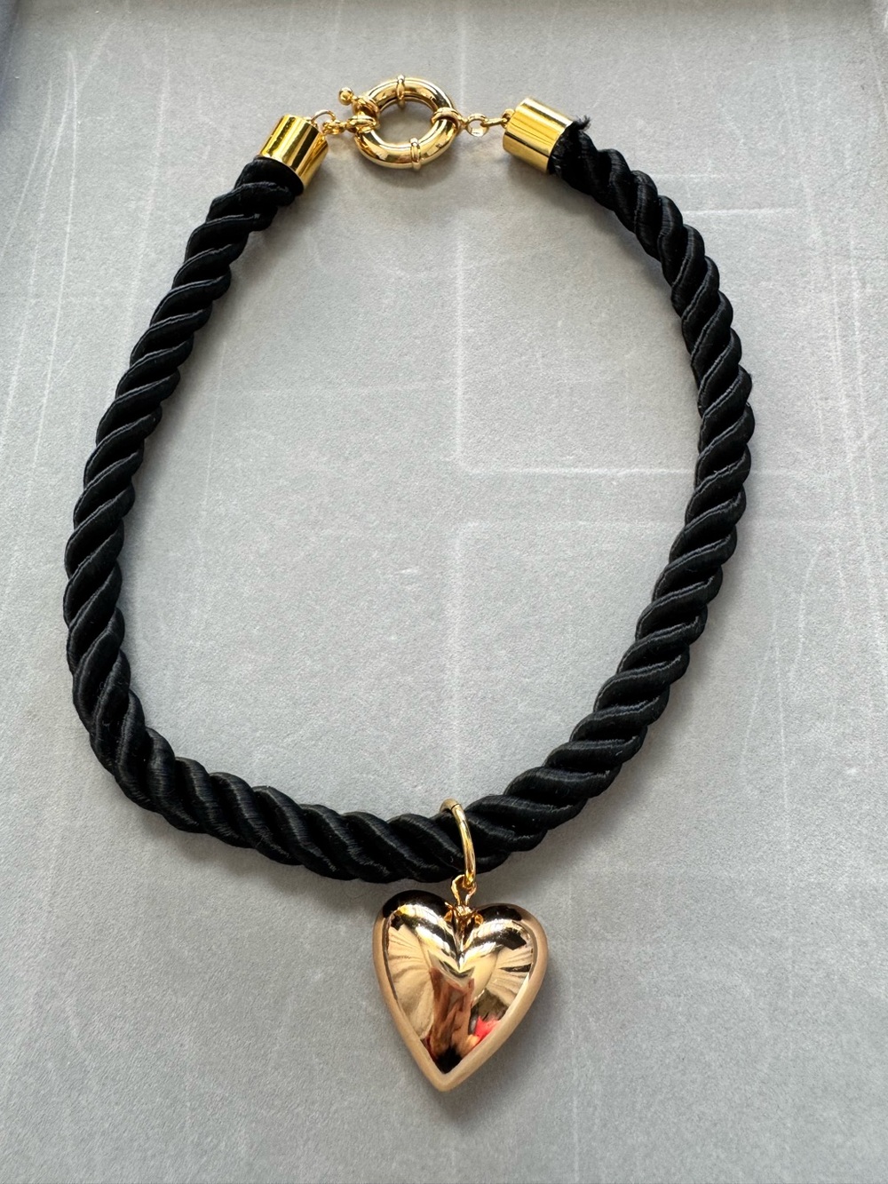Gold Heart Pendant Black Rope Necklace